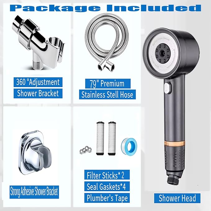 High Pressure Showerhead with Filters, Filtered Shower Head Handheld with ON/OFF Switch,Extra Long 79-inch Hose and Adjustable Angle Bracket Extra Low-Reach Adhesive Wall Mount for Kids (Gray)