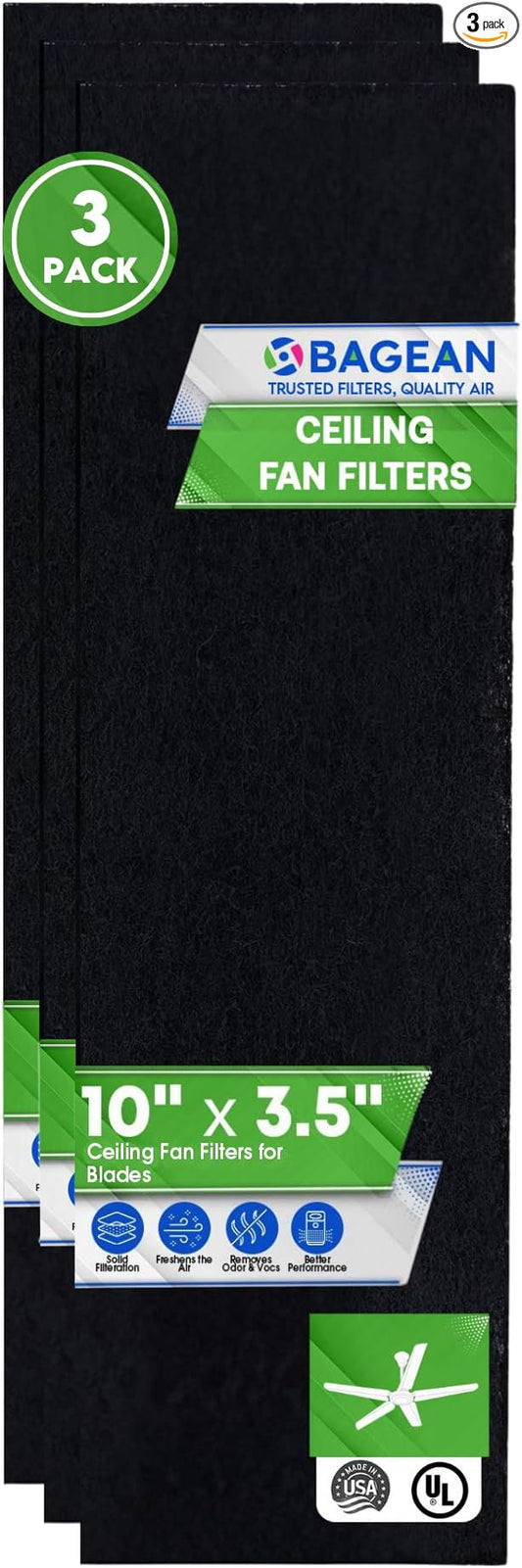 Ceiling Fan Filters for Blades - Coconut Shell Activated Carbon Unscented Dust Catcher Ceiling Fan Filter - Easy Peel & Stick on Fans - Blade Air Purifier Pads Removes Odors & Freshens the Air (3-Pcs)