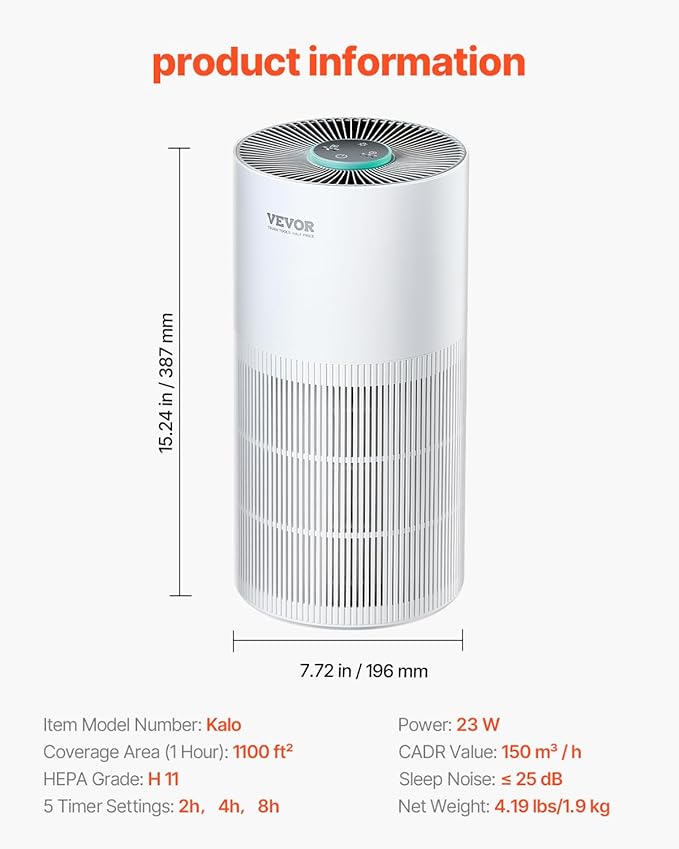 VEVOR Air Purifier for Bedroom Home, H11 HEPA Layer, 1100 ft²/h Smart Air Purifier with Speed Control & Child Lock Guard, Efficient Air Cleaner with Convenient Touch Panel & 25 dB Sleep Mode