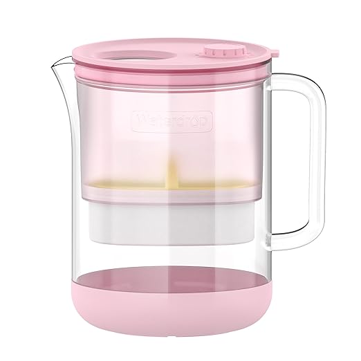 Waterdrop Glass Water Filter Pitcher with 1 Filter, Eco-Friendly, with NSF 53&42&372 Certified Filter, 7-Cup, Reduces PFOA/PFOS, Chlorine, Cadmium, Copper, Mercury, BPA Free, Easy to Clean, Pink