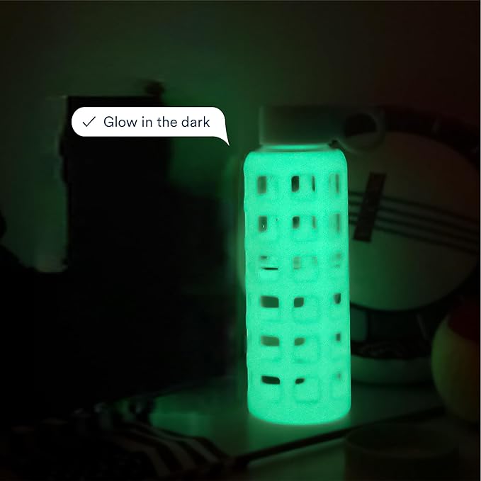purifyou 40oz / 32oz / 22oz / 12oz Borosilicate Glass Water Bottle with Time & Volume Markers, Silicone Sleeve, Stainless Steel Lid | Reusable Glass Bottle for Water & Juice (12oz Glow-in-the-Dark)