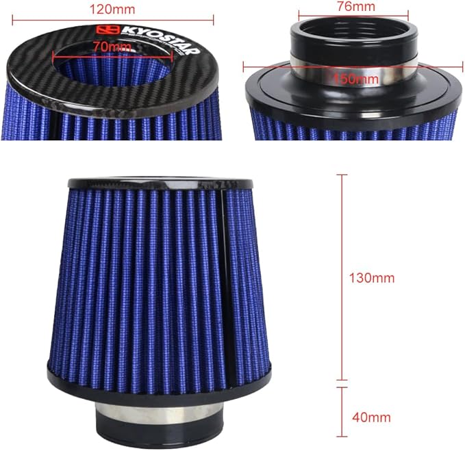 Kyostar 3 Inch 76mm Cold Air Intake Filter Cone Universal Carbon Fiber Replacement High Flow Dry Air Filter Black