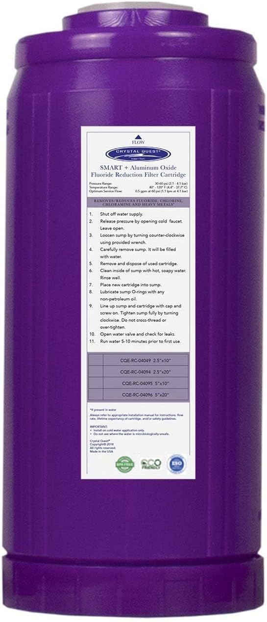 Crystal Quest SMART + Calcium GAC Fluoride Reduction Water Filter Cartridge - 1 Micron - Coconut Shell GAC - Eagle Redox Alloy - Reduces Fluoride & Contaminants - 4-5/8” x 9-3/4”