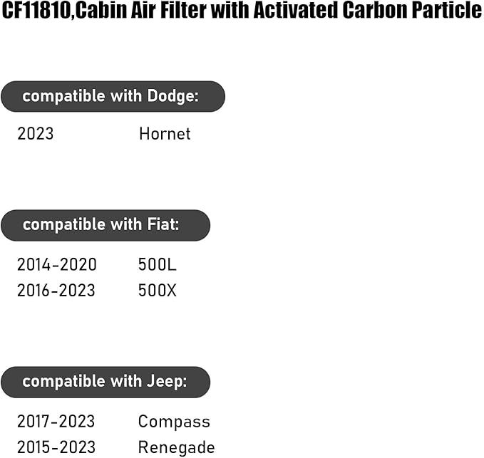 CF11810,Cabin Air Filter with activated carbon particle for Jeep,2017-2023 Compass,2015-2023 Renegade.Dodge,2023 Hornet.Fiat,2014-2020 500L,2016-2023 500X.68212070AA,68267921AA,68338536AA.