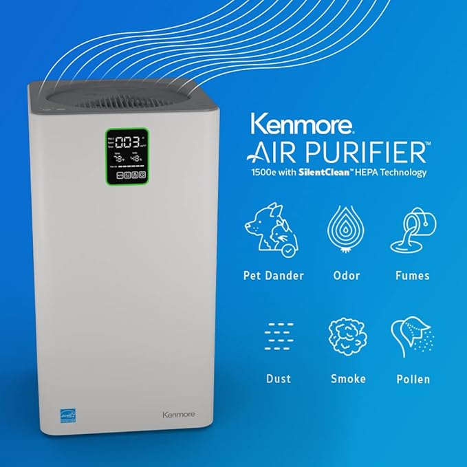 Kenmore PM3020 Air Purifiers with H13 True HEPA Filter, Covers Up to 1500 Sq.Foot, 24db SilentClean 3-Stage HEPA Filtration System, 5 Speeds for Home Large Room, Kitchens & Bedroom