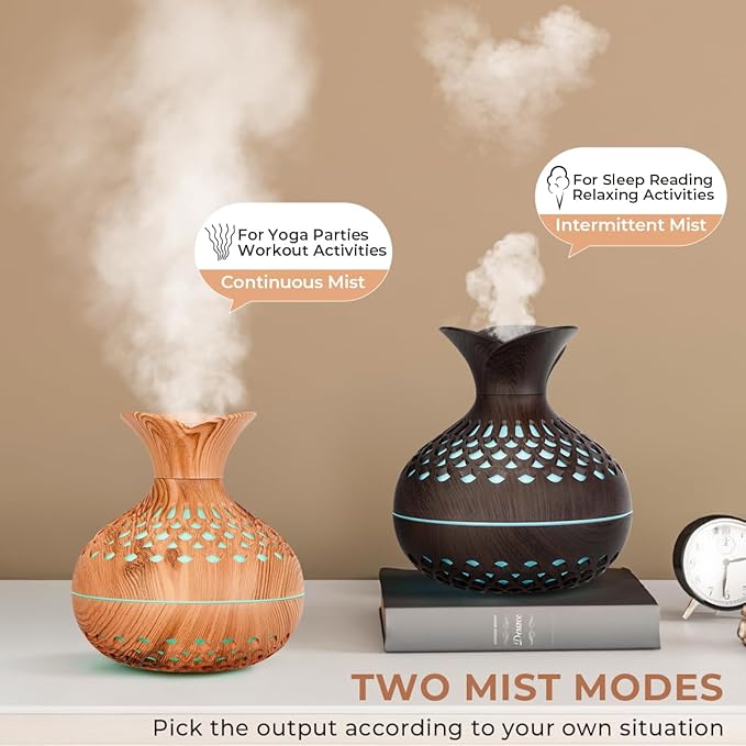 Portable Mini Humidifier, 300ml Small Humidifiers Wooden Vase Flower Aroma Diffuser, Quiet Cool Mist Humidification for Baby Bedroom Travel Office, USB Powered, Colorful Light, Darkwood