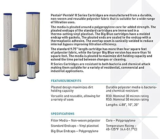 Pentair Pentek R50-BB Big Blue Sediment Water Filter, 10-Inch, Whole House Pleated Polyester Filter Cartridge, 10" x 4.5", 50 Micron