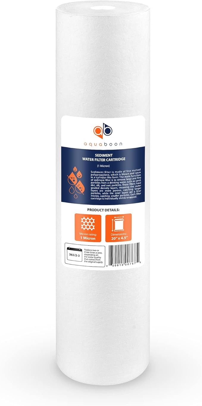 Aquaboon 1 Micron 20" Sediment Water Filter Replacement Cartridge | Whole House Sediment Filtration | Compatible with AP810-2, SDC-45-2005, FPMB5-20, P5-20, FP25B, 155358-43, 4 Pack