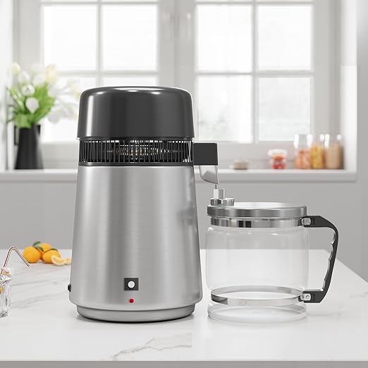 GarveeHome Water Distillers for Home Countertop, 1Gal/4L Stainless Steel Distilled Water Machine with Glass Container, 750W Desktop Drinking Purifier Filter Distilling Kit, Silver