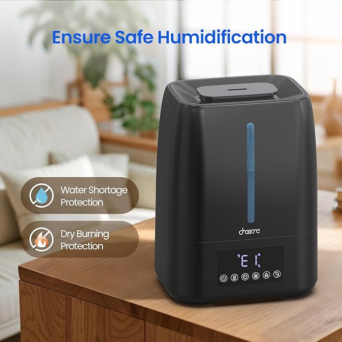 6L Top Fill Ultrasonic Humidifier - Cool and Warm Mist for Bedroom, Baby, Large Rooms & Plants, Smart Humidity Control, Aroma Diffuser, Night Light, 12H Timer, Quiet, Black
