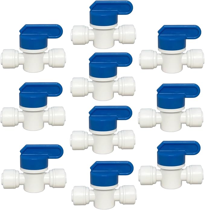 1/4 inch OD Tubing&Hose&Pipe Use Inline Shut Off Ball Valve Plastic Quick Connect Fittings for Water Purifier RODI System (Pack of 10)