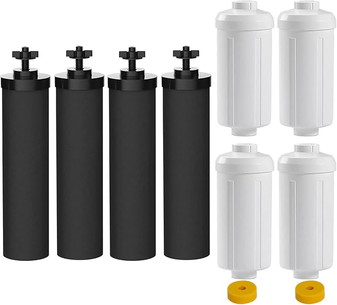 Water Filter Replacement Compatible with Berkey® Gravity Filter Filtration System, NSF/ANSI 42 Certified 4 Black Filters and 4 Fluoride Filters PF2 for Travel, Big, Royal Series