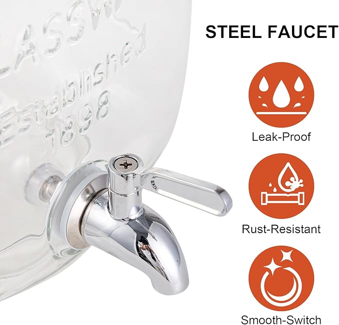 2 Gallon Glass Drink Dispensers for Parties, Beverage Dispenser with Stand, Fruit Infuser and Stainless Steel Spigot 100% Leakproof, Beverage Dispenser for Lemonade Sun Tea