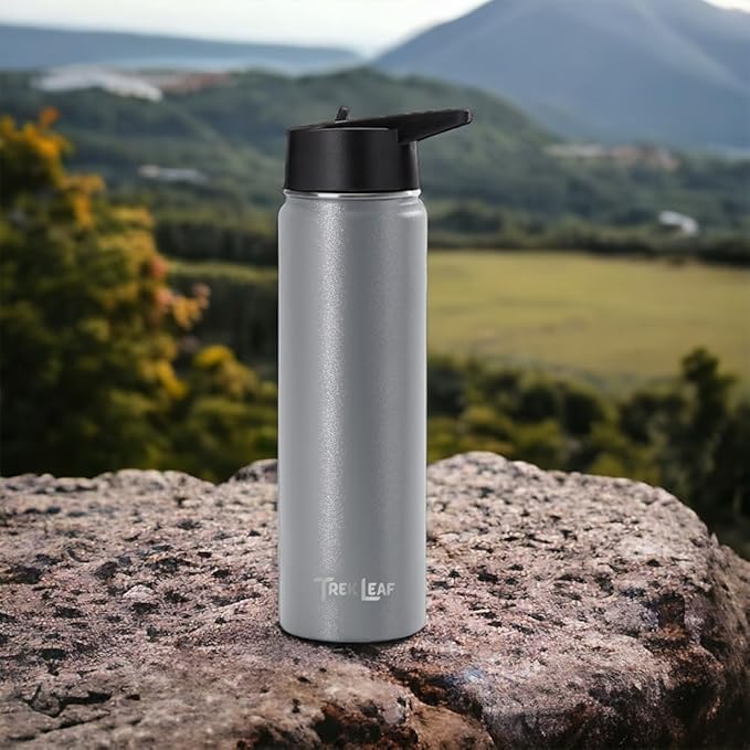 Travel Water Bottle with 3 Lids (Spout, Straw, Flip) Leak Proof, Quality, Vacuum Insulated, Stainless Steel (Gray, 22 oz)