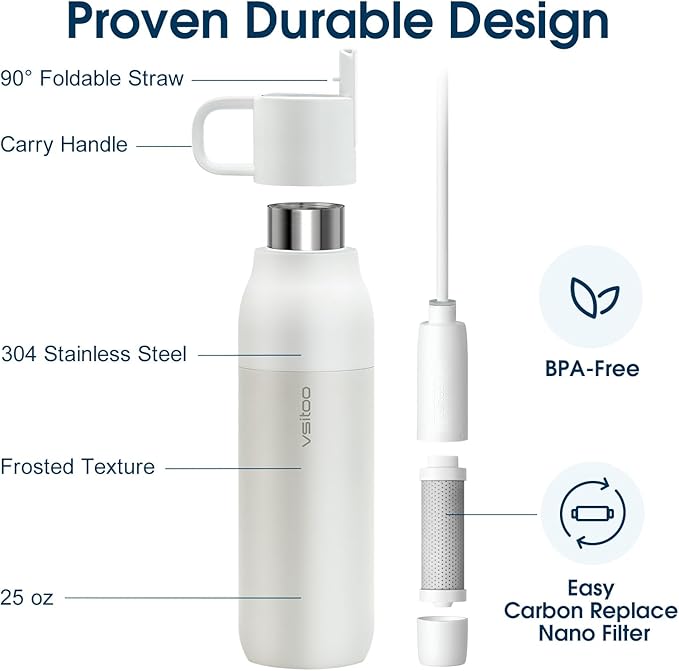 VSITOO 25 oz Water Purifier Bottle–Stainless Steel, Carbon Fiber Filter, Double-Wall Insulated, BPA-Free, Ideal for Hiking, Cycling, Gym & Outdoor Use–Life Straw Compatible,White