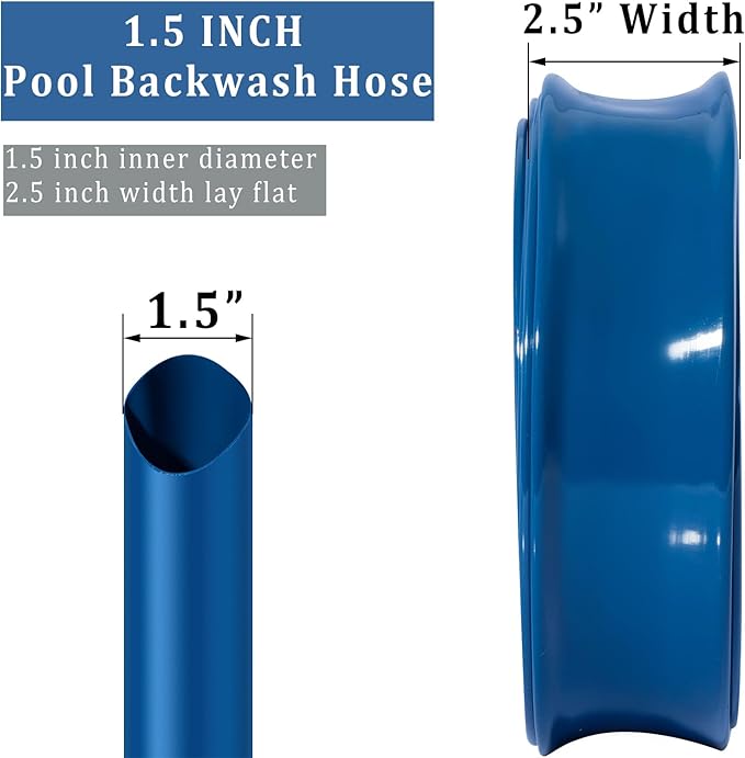 Pool Backwash Hose 1 1/2 inch × 25 ft Thicken Blue Water Discharge Pipe Lay Flat Tubing Hose for Backwash Pool Filter, Drain Pool Pond Water (1.5in-25ft, Vinyl Tubing)