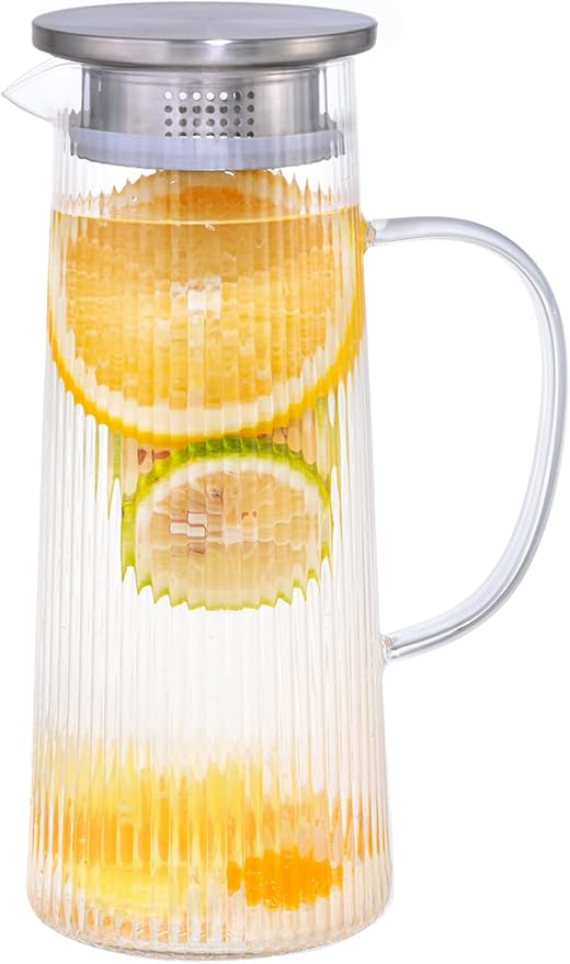 Glass Pitcher with Lid, 40 oz/1.2 Liter Glass Water Pitcher, Ice Tea Brewing, Hand Blown Small Pitchers for Drinks, Coffee, Juice, Lemonade, and Hot/Cold Beverages, Heat Resistant