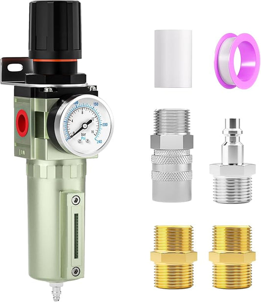 3/4" NPT Heavy Duty Industrial Grade Air Compressor Moisture Filter, Manual Drain, Particulate Filter and Air Regulator For Plasma Cutter and Paint Spray