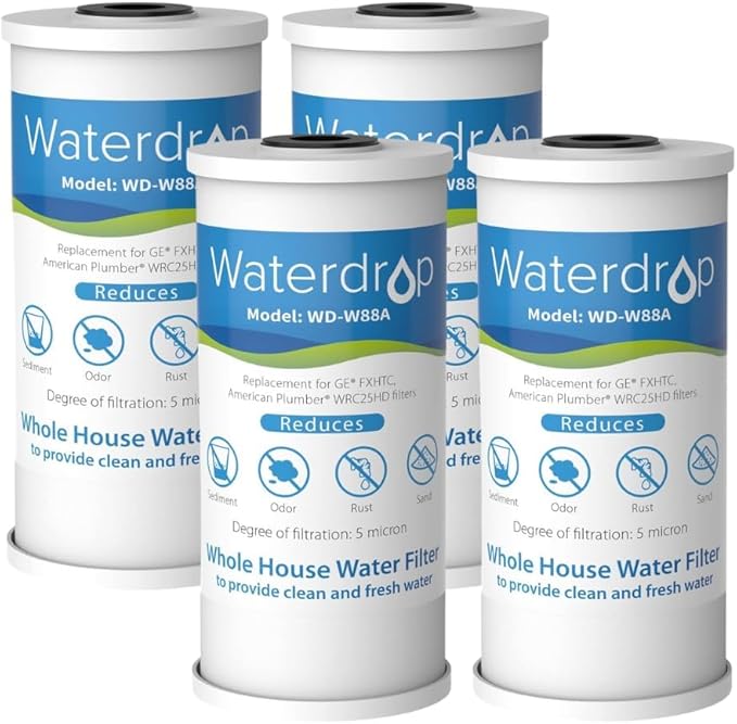 Waterdrop FXHTC Whole House Carbon Water Filter, Replacement for GE® FXHTC, GXWH40L, GXWH35F, Culligan® RFC-BBSA, American Plumber W10-PR, W10-BC, WRC25HD, 10" x 4.5" Cartridge, 5 Micron, Pack of 4