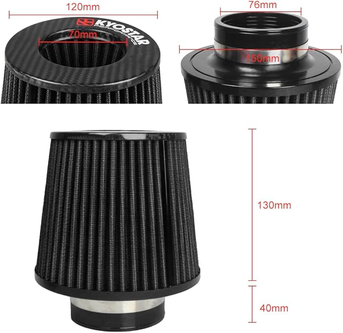Kyostar Universal Carbon Fiber 3 Inch 76mm Air Intake Cone Filter Replacement Quality Dry Air Filter, Black