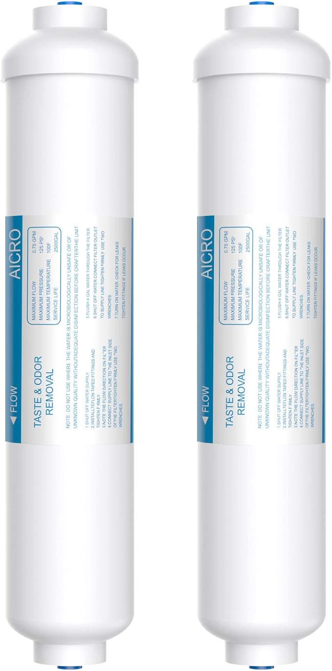 Inline Water Filter for Ice Maker, Refrigerator, Under-Sink Reverse Osmosis Water System, Post Activated Carbon Water Filter Replacement Cartridge with 1/4-Inch Quick-Connect (Pack of 2)