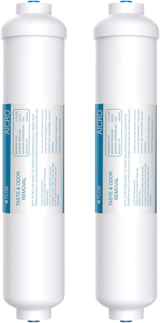 Inline Water Filter for Ice Maker, Refrigerator, Under-Sink Reverse Osmosis Water System, Post Activated Carbon Water Filter Replacement Cartridge with 1/4-Inch Quick-Connect (Pack of 2)