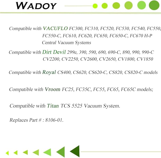 8106-01 Central Vac Filter Replacement Compatible with Dirt Devil CV2000 CV2200 CV2600, 7 inch Central Vacuum Cleaner Filter Compatible with Vacuflo FC300 FC520 FC530 FC550 FC610