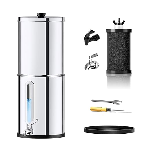 1G Gravity-fed Water Filter System - NSF/ANSI 42&372 Certified 18/8 Stainless Steel Countertop Water Filtration System - Water Level Window, Reduce 99.9% of Chlorine, for Camping, RVs