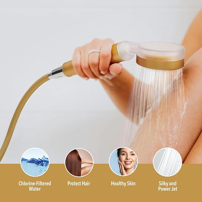 Barumi Pluo Handheld Filtered Shower Head - Gold | Vitamin C Filter for Healthy Skin & Hair | High Pressure Soft Spray | Dual Filtration Removes Chlorine & Impurities | Gentle Shower for Pets