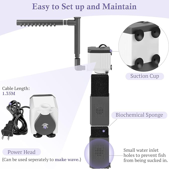 15W 210GPH Ultra Powerful Aquarium Filter for 25-55Gallon Fish Tank, Adjustable Filter with Filter Sponges, Submersible Fish/Turtle Water Filters, Filtration/Oxygenation/Water Cycle 3in1 Filter