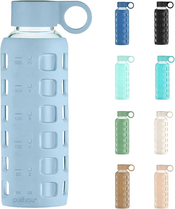 purifyou 40oz / 32oz / 22oz / 12oz Borosilicate Glass Water Bottle with Time & Volume Markers, Silicone Sleeve, Stainless Steel Lid | Reusable Glass Bottle for Water & Juice (12oz Ice Blue)