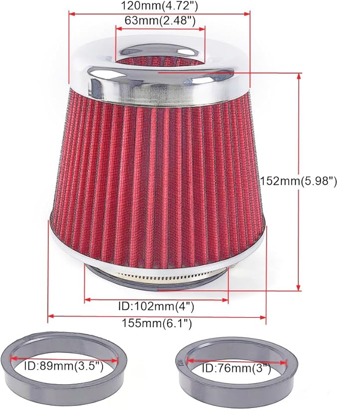 4-Inch Cold Air Intake Filter - Washable, High Performance, 3" or 3-1/2" or 4" Clamp-On Replacement Air Filter Red