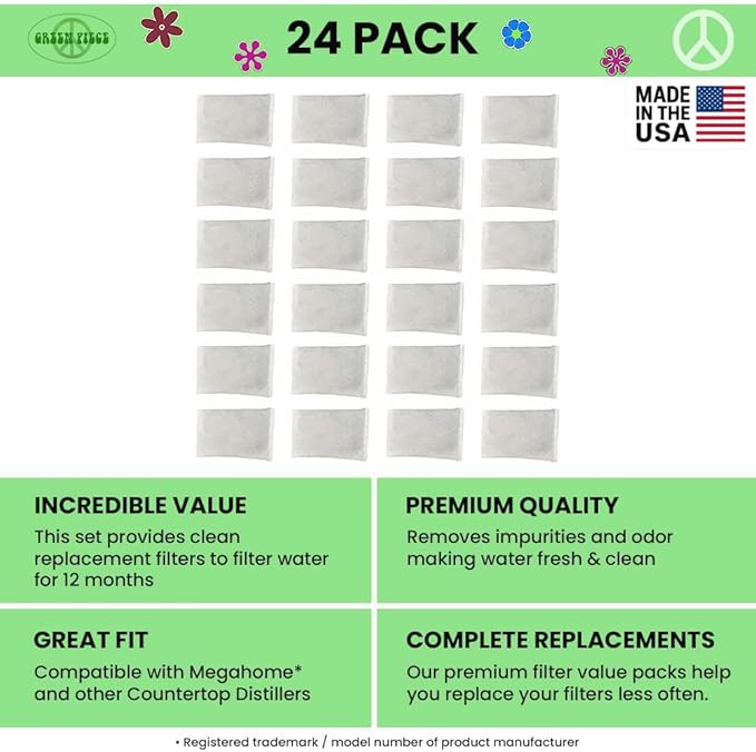 Green Piece® 24 Pack of Distiller Filters (Made in USA) Made from Activated Charcoal. Works Great for Megahome and Many Other Countertop Distillers