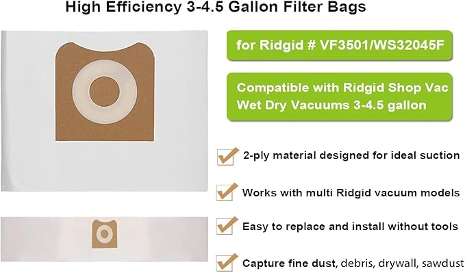 2 Pack VF3500 Replacement Filter for Ridgid Shop Vac 3-4.5 Gallon Wet Dry Vacuums + 2 Pack VF3501 Filter Bags Compatible with Ridgid 3-4.5 Gallon Wet Dry Vacuums (4 Pack)