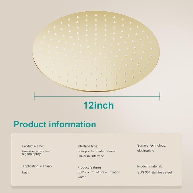 All Metal Rain Shower Head - Heavy Duty Stainless Steel, Easy Install, High Water Flow, Ultra-Thin Modern Design for Bathroom (F-Brushed Gold, 12)