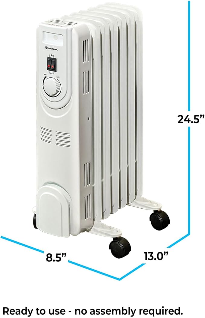 Comfort Zone Electric Oil-Filled Radiant Radiator Space Heater, Never Refill, Adjustable Thermostat, Tip-Over Switch & Overheat Protection System, Ideal for Home, Bedroom, & Office, 1,200W, CZ7007J