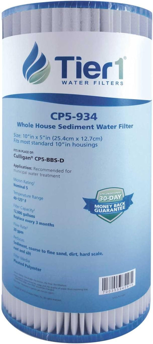 Tier1 5 Micron 10 Inch x 4.5 Inch | Pleated Polyester Whole House Sediment Water Filter Replacement Cartridge | Compatible with Culligan CP5-BBS-D, Pentek CP5-BB, W5CPHD, Home Water Filter