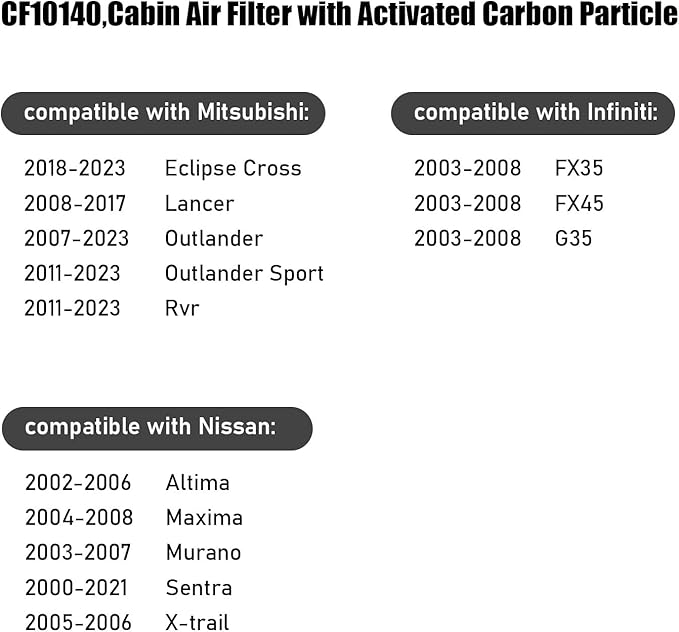 CF10140,Cabin Air Filter with activated carbon particle for Infiniti,2003-2008 FX35,FX45,G35.Nissan,Altima,Maxima,Murano,Sentra,X-trail.Mitsubishi,Eclipse Cross,Lancer,Outlande,Cabin Air Filter