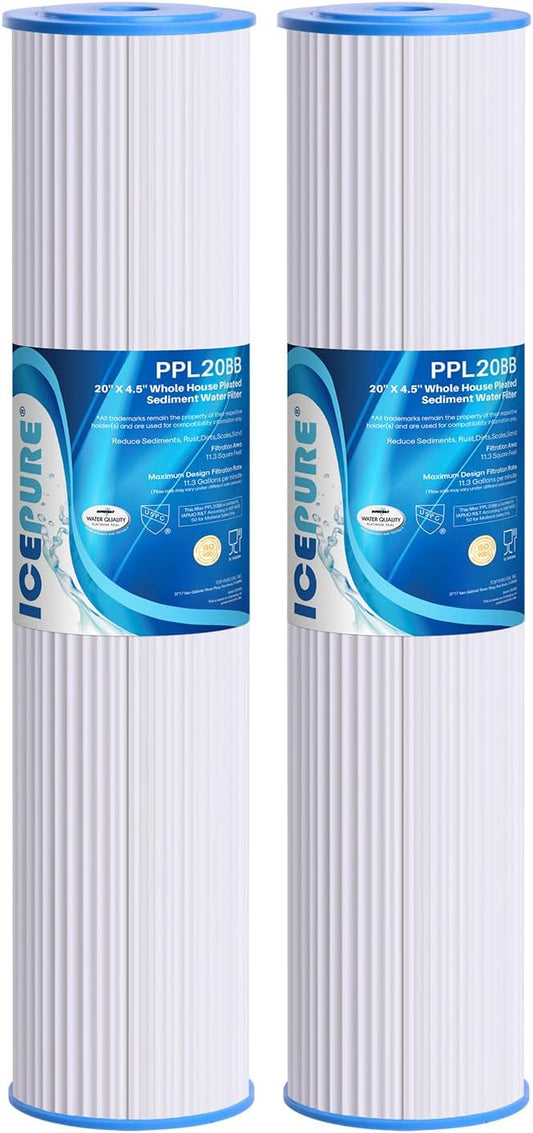 ICEPURE 20" x 4.5" Whole House Pleated Sediment Filter for Well Water,Remove Rust,Chlorine, Replacement Cartridge for ECP5-BB, AP810-2, HDC3001, SPC-45-1005, CP5-BB, ECP1-20BB, S1-20BB,R30-20BB,2Pack