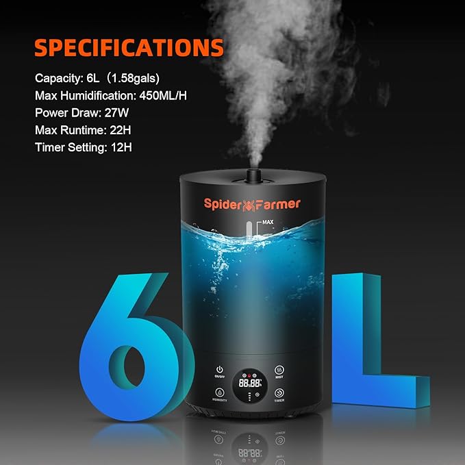 Spider Farmer 3-in-1 6L Humidifier Indoor with Timer & Hose Cool Mist Ultrasonic Humidifiers Large Room with Temperature & Humidity Probe for Plant Mushroom Greenhouse Bedroom Grow Tent Top Fill Black