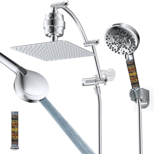 Hibbent All Metal 10'' Dual Filtered Rainfall Shower Head Combo, High Pressure Handheld Shower Head with 16'' Adjustable Arc Extension Arm, 20 Stage Shower Filter, 10-spray, 71'' Shower Hose, Chrome