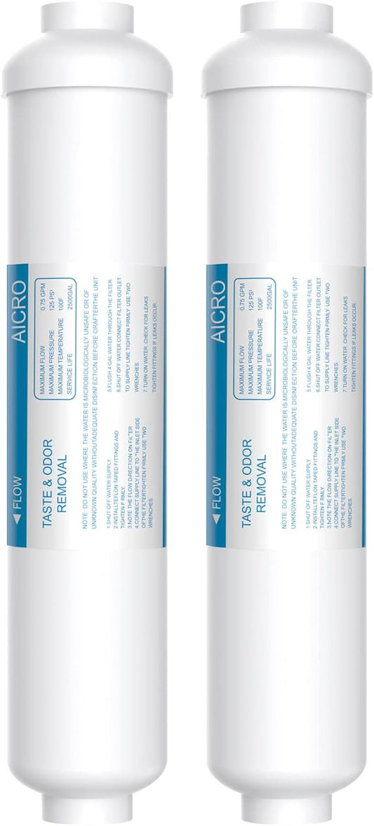 Inline Water Filter for Ice Maker, Refrigerator, Under-Sink Reverse Osmosis Water System, Post Activated Carbon Water Filter Replacement Cartridge with 1/4-Inch Compression-Connect (Pack of 2)