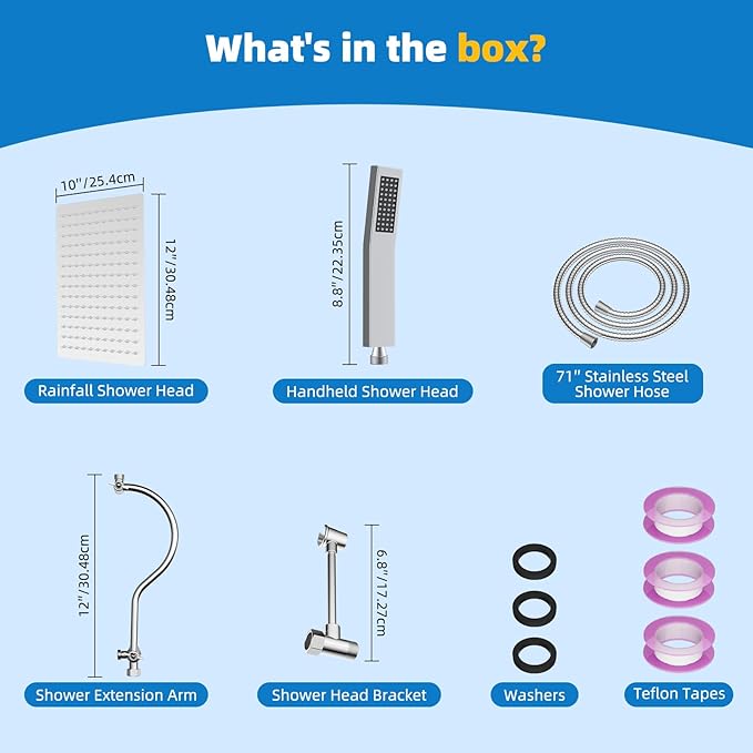 Hibbent All Metal Shower Head, 12'' High Pressure Rainfall Shower Head, Showerhead Combo, Handheld Shower Wand, 12'' Adjustable Curved Shower Extension Arm, 71'' Hose, Shower Head Holder, Chrome