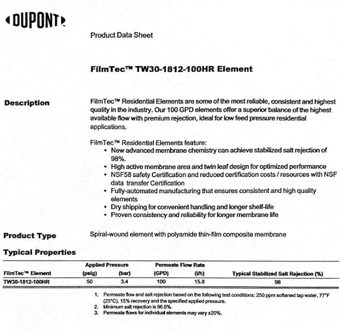 Dow FilmTec, TW30-1812-100HR 100 GPD TFC High Rejection Membrane for Undersink Reverse Osmosis (RO) System