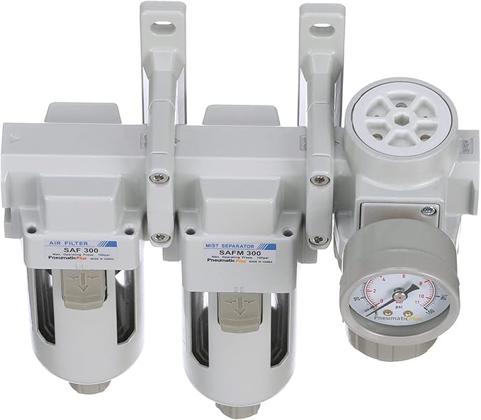 PneumaticPlus SAU330-N03G Three Stage Compressed Air Drying System - Particulate Air Filter, Coalescing Filter, Air Pressure Regulator Combo 3/8" NPT - Poly Bowl, Manual Drain, Gauge