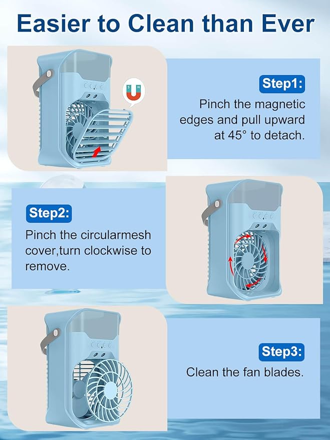 Portable Air Conditioner, 1500ML, Removable & Washable Fan Blades, Timer Function, 4 Speeds, 2 Cool Mists, 7-Color Light, Personal Evaporative Air Cooler for Home, Office, Bedroom, and Camping-Blue