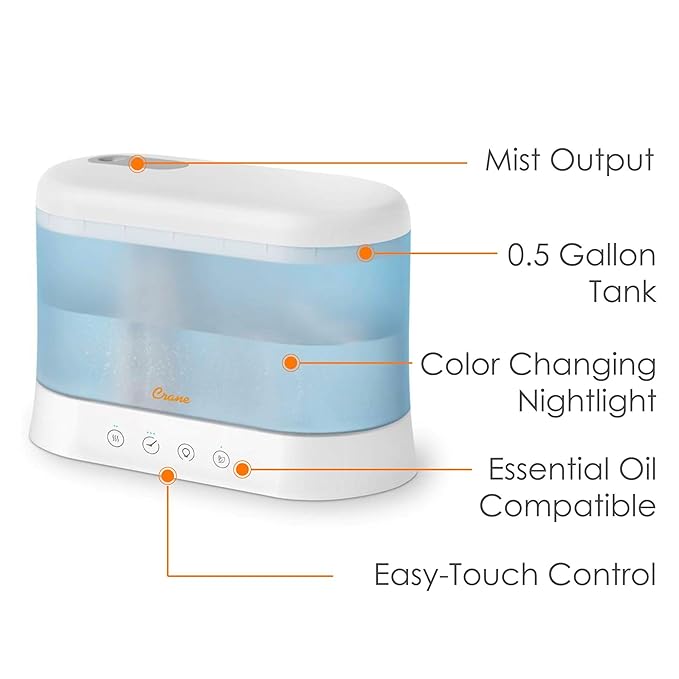 Crane 1.9 Liter Top Fill Cool Mist Humidifier & Essential Oil Diffuser, Whisper-Quiet, 15-Hour Run Time, Night Light, Small Room Air Humidifier, Humidifiers For Bedroom Kids