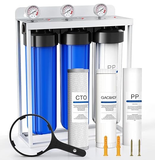 Whole House Water Filter System,Remove Heavy Metal,3 Stage Water Purifier,Top-Tier KDF+GAC with Sediment & Carbon Filter,Highly Reduce 99% Lead,Arsenic,Chromium,Chlorine,Odor,Improve Taste,20x4.5Inch
