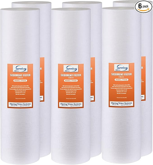 iSpring FP25BX6 High Capacity 20” x 4.5” Water Replacement Cartridges Fine Sediment Filters, 6 pieces / 5 microns, White, 6 Count