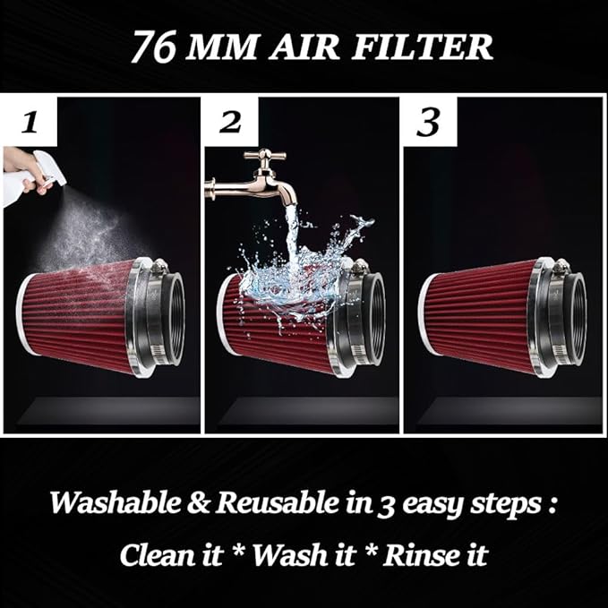 Clamp-On Cold Air Intake Filter, High Performance, Washable Filter, Replacement Air Filter, Flange Diameter 3inch/76mm Red